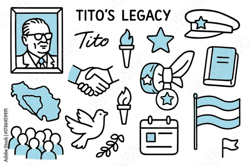 Tito's Iconic Symbols. // Tito?s legacy. Hand-drawn doodle illustration Tito?s legacy [portrait frame (accented), signature (accented), star badge (accented),