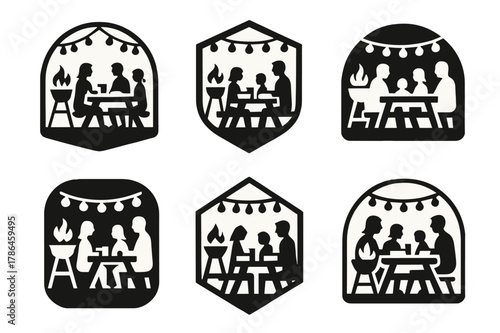 Family BBQ Logos. A family enjoying a BBQ in the backyard, with grilled meats and vegetables. Set Logo of A family enjoying a BBQ in the backyard, with grilled