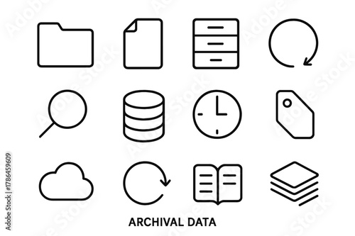 Archival Icon Grid. Archival data. Line outline icon set of archival data: folder, document, file cabinet,