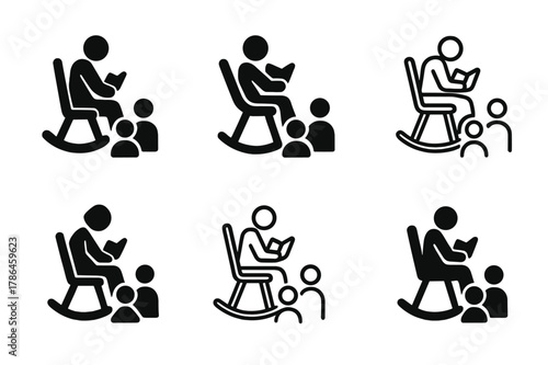 Family Story Icons. Telling family stories at a gathering. Set Logo of Telling family stories at a gathering: elder in rocking chair. Icon set. harmonious logo
