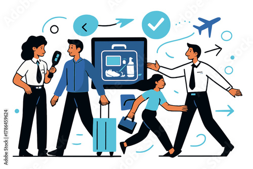 Modern Airport Security Scene. Airport efficiency. Security officers assisting travelers; digital screens and