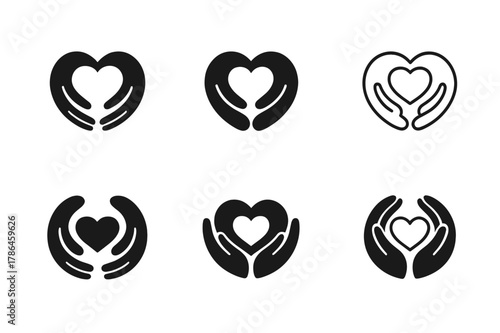 Heart Cradle Logos. New parent life. Set Logo of New parent life: hands forming heart cradle. harmonious logo variations of the same emblematic concept, each