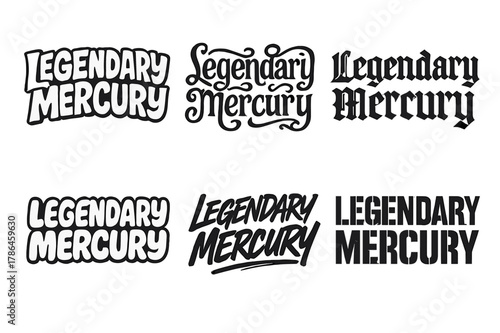 Mercury Lettering Styles. Legendary Mercury. Set lettering. harmonious lettering variations of the same emblematic concept (Funky cartoon-style lettering,