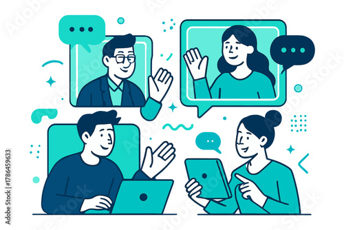 Dynamic Team Video Call. Team Video Call. A group of colleagues interact via laptops and tablets, with