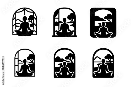 Yoga Logo Variations. A person performing yoga poses in front of a window with a beautiful view. Icon set. Set Logo of yoga scene: meditative silhouette