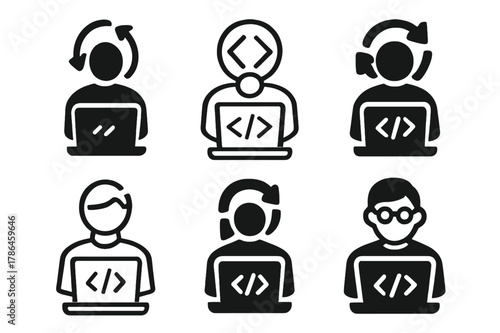 IT Icon Designs. IT professionals and programmers coding. Icon set. Set Logo of IT professionals and programmers coding: CI/CD deployment pipeline. harmonious