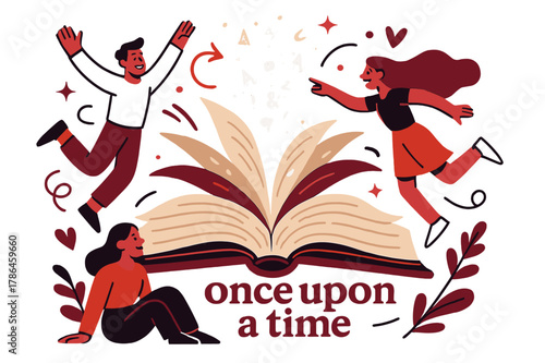 Magic Story Unfolds. Antique Books ? Open Story. Pages flutter like wings, with faint glowing letters lifting into the air. Caption reads ?once upon a time?.