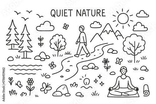 Serene Nature Stroll. Quiet Nature. Hand-drawn doodle illustration Quiet Nature forest path, person walking slowly, trees, rocks, flowers, river, sun, clouds,