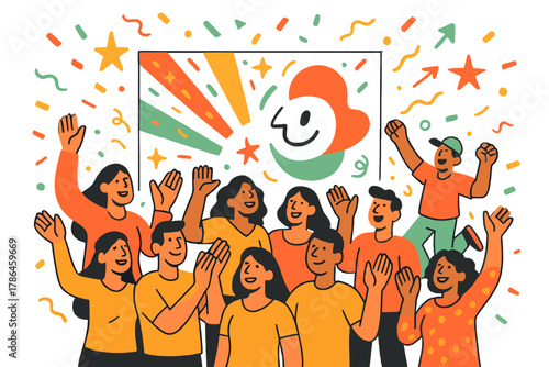 Vibrant Mural Celebration. Celebrating finished mural. Large crowd smiling in front of a newly painted wall;