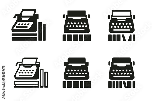 Vintage Electronics Logos. Decorating with vintage electronics. Set Logo of Decorating with vintage electronics: vintage typewriter on bookshelf. Icon set.