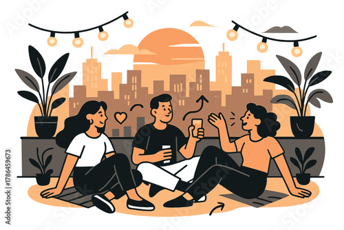 Sunset Rooftop Gathering. Rooftop relaxation. Friends sitting on a city rooftop at sunset, skyline glowing in