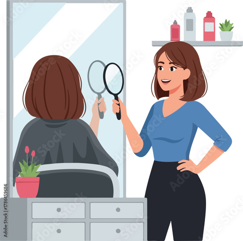 Happy Hairstylist Showing Client New Look in Mirror with Magnifying Glass