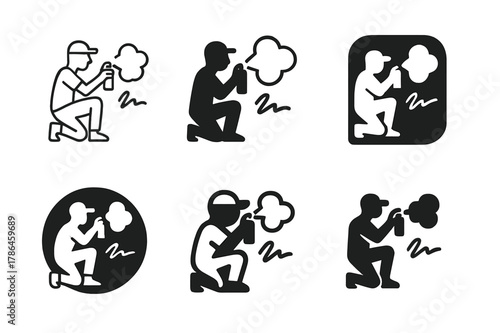 Street Art Logos. Street artist working on artwork. Set Logo of Street artist working on artwork: aerosol cloud and signature. Icon set. harmonious logo