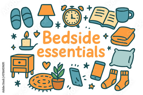 Bedside Essentials Doodle. Bedside essentials. Hand-drawn doodle illustration of Bedside essentials. Slippers,