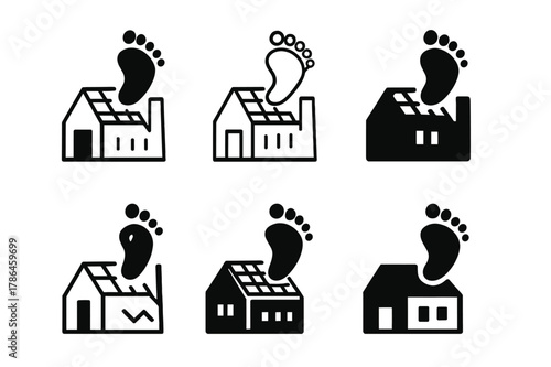 Factory Carbon Footprint Icons. Carbon footprint of factory. Icon set. Set Logo of carbon footprint of factory: factory roof with solar panel array. harmonious