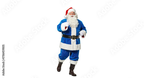 Elderly Caucasian Santa Claus in electric blue velvet suit, red hat, white fur, giving thumbs up while energetically running on a transparent background, urgent Christmas cheer concept