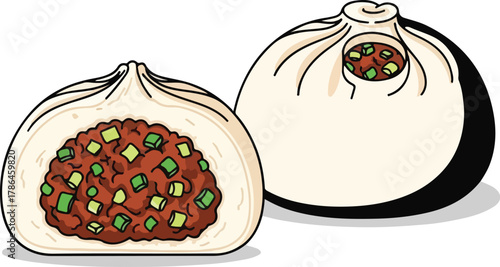 Delicious Steamed Chinese Soup Dumpling Xiao Long Bao Cross Section Illustration
