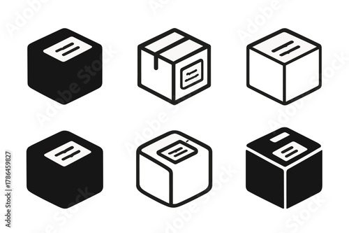 Creative Logo Grid. handwritten address. Set Logo of handwritten address: parcel box with hand-addressed label. Icon set. harmonious logo variations of the