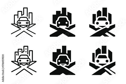 Urban Sprawl Logos. urban sprawl. Set Logo of urban sprawl: car-dependent road network. Icon set. harmonious logo variations of the same emblematic concept,
