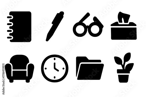 Therapist Tools Icons. Therapist tools. Filled icon set of therapist tools: notebook, pen, glasses, tissue box