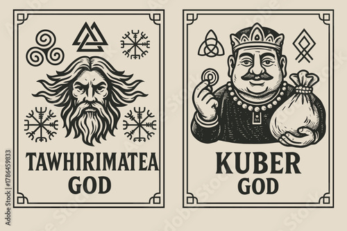 Norse God Banners. Norse Mythology. Two vertical A6 banners with safe margins, centered composition, no elements touching edges, retro, black and white, norse