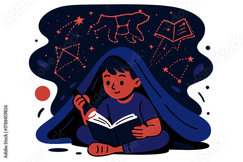 Starry Storytime Adventure. Starry Storytime. A child under a blanket holds a flashlight and reads alone;