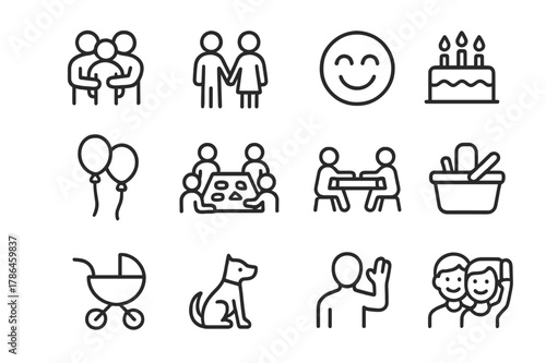 Family and Friends Icons. Family and Friends. Line icon set of Family and Friends: group hug, holding hands, laughter face, birthday cake, balloons, shared