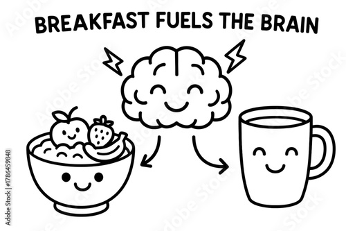 Brain-Boosting Breakfast. Breakfast fuels the brain children?s coloring book illustration, outlined drawing, a cheerful bowl of oatmeal, fruit, and a milk cup