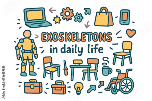 Daily Exoskeleton Doodles. Exoskeletons in daily life. Hand-drawn doodle illustration of exoskeletons in daily