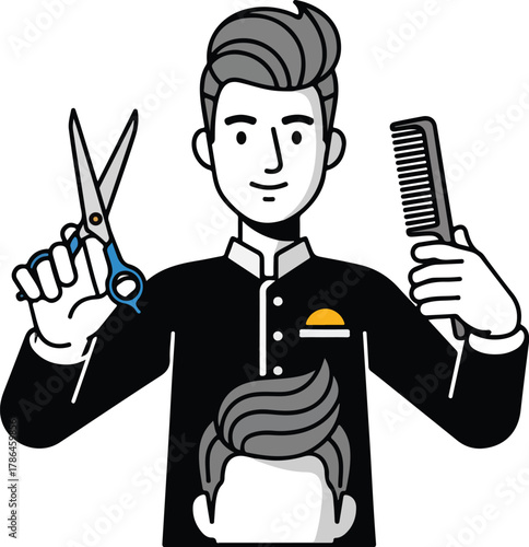 Professional Barber or Stylist Holding Scissors and Comb for Modern Haircut Service Illustration
