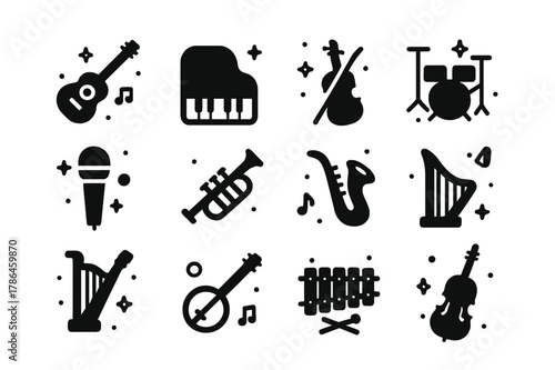 Music Instruments Grid. Music instruments. Solid icons set of Music instruments: guitar, piano, violin, drums, microphone, trumpet, saxophone, flute, harp,