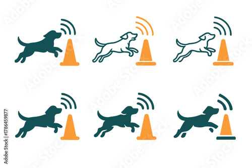 Pet Training Logos. Pet training and obedience classes. Set Logo of Pet training and obedience classes: recall training with dog running to beacon. Icon set.