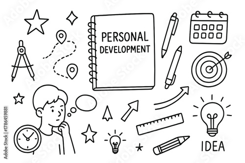 Personal Growth Doodle. Personal Development. Hand-drawn doodle illustration Personal Development notebook, roadmap, person thinking, pen, pencil, arrows,