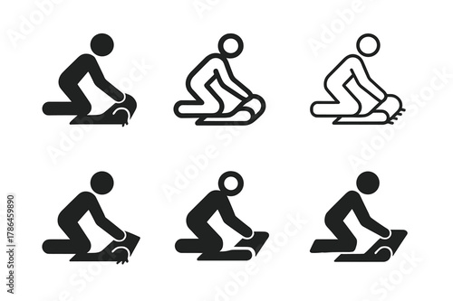 Rug Straightening Icons. Straightening a rug. Set Logo of straightening a rug: person kneeling to flatten rug corner. Icon set. harmonious logo variations of