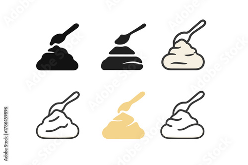 Mashed Potato Logos. Mashed potato mound. Icon set. Set Logo of mashed potato mound: serving spoon lifting mash. harmonious logo variations of the same