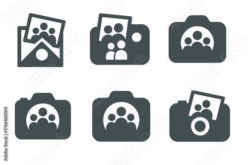 Family Photo Decor Logos. Personalizing home decor with family photos. Set Logo of personalizing home decor with family photos: camera and printed memories.