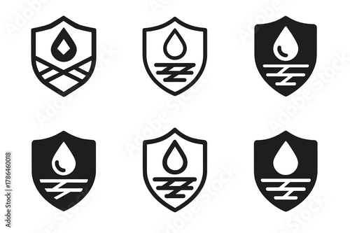 Vapor Barrier Logos. Vapor barrier. Set Logo of Vapor barrier: moisture droplet with shield over joists. harmonious logo variations of the same emblematic