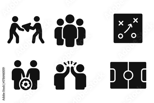 Teamwork Icons Set. Teamwork. Filled icon set of teamwork: passing triangle, group formation, huddle, strategy