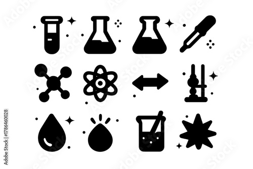 Scientific Icon Set. Laboratory Experiment. Solid icons set of Laboratory Experiment: test tube, flask, beaker, pipette, molecule, atom, reaction arrow, Bunsen