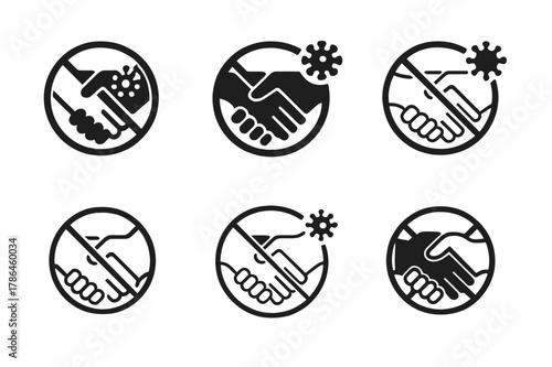 Symbolic Social Distancing Logos. Social distancing and COVID--related imagery. Set Logo of Social distancing and COVID--related imagery: no handshake symbol.