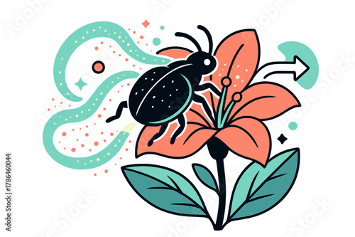Beetle Pollination Journey. Beetle pollination. A beetle crawling across a bright tropical flower, glowing