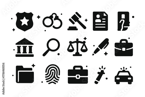 Law Enforcement Icons. Law Enforcement. Solid icons set of Law Enforcement: police badge, handcuffs, gavel, hand holding document, courthouse, magnifying