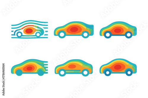 Heatmapping Car Logos. Heatmapping. Icon set. Set Logo of heatmapping: car silhouette with wind-tunnel pressure heat zones. harmonious logo variations of the