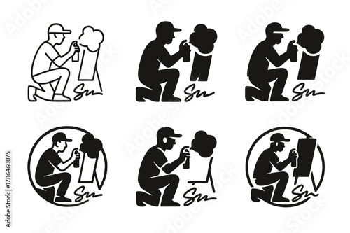 Street Art Logos. Street artist working on artwork. Set Logo of Street artist working on artwork: aerosol cloud and signature. Icon set. harmonious logo