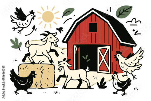 Rustic Barn Scene. Rustic charm. A red barn with open doors, chickens fluttering, goats climbing hay bales,