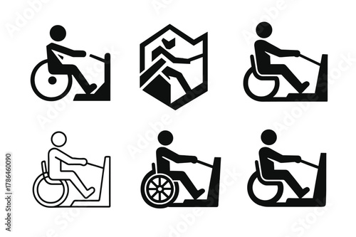 Adaptive Fitness Logos. Adaptive fitness and exercise routines. Icon set. Set Logo of adaptive fitness and exercise routines: seated cable row machine.
