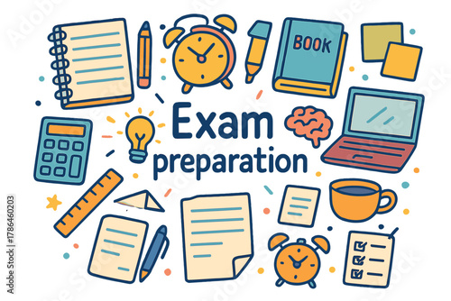 Doodle Exam Essentials. Exam preparation. Hand-drawn doodle illustration of Exam preparation. Notebook, pencil