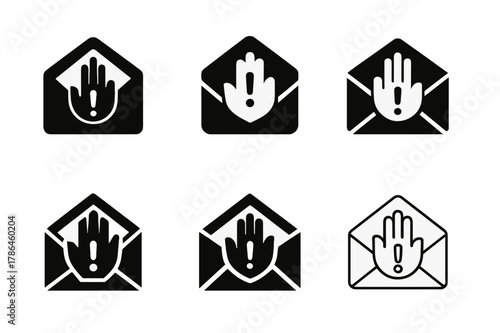 Cease and Desist Logos. Lawyers and clients discussing intellectual property cases. Set Logo of cease and desist letter: envelope with exclamation mark and