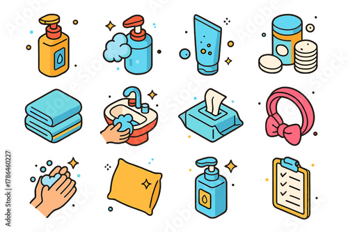 Skincare Essentials Icons. Skincare hygiene. Colorful isometric vector icons set of Skincare hygiene: face cleanser bottle, foaming soap, gentle exfoliating