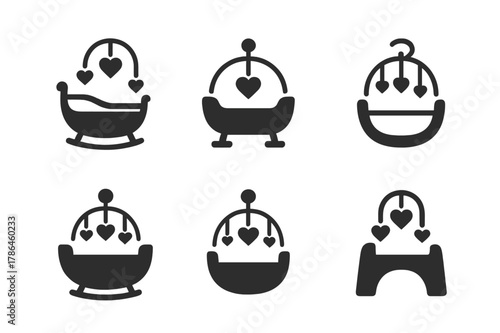 Newborn Care Logos. Newborn care. Set Logo of Newborn care: cradle with heart mobile. harmonious logo variations of the same emblematic concept, each with